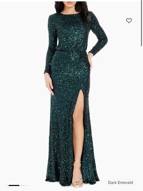 NWT Dress the Population Misha Gown Dark Emerald Sequin Long Sleeve Slit size M